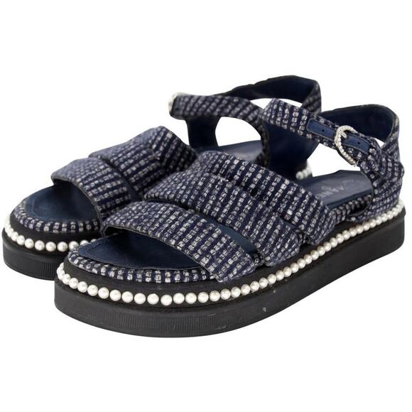 Chanel Mother Pearl CC 35.5 Tweed Chunky Beach Sandals CC-S0207P-C017 - Picture 4 of 11